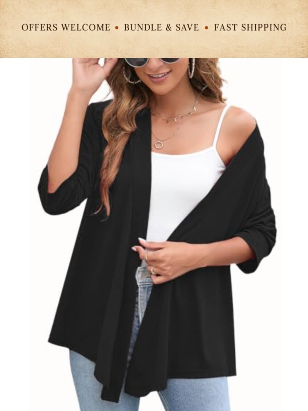 Lightweight Open Front Draped Cardigan 3/4 Sleeve Ragged Hem